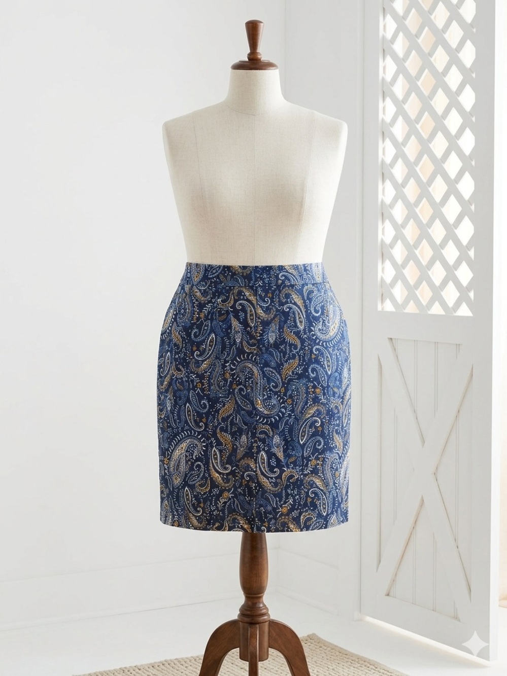 Blue Stretch Denim Paisley Pencil Skirt with Subtle Gold Accents